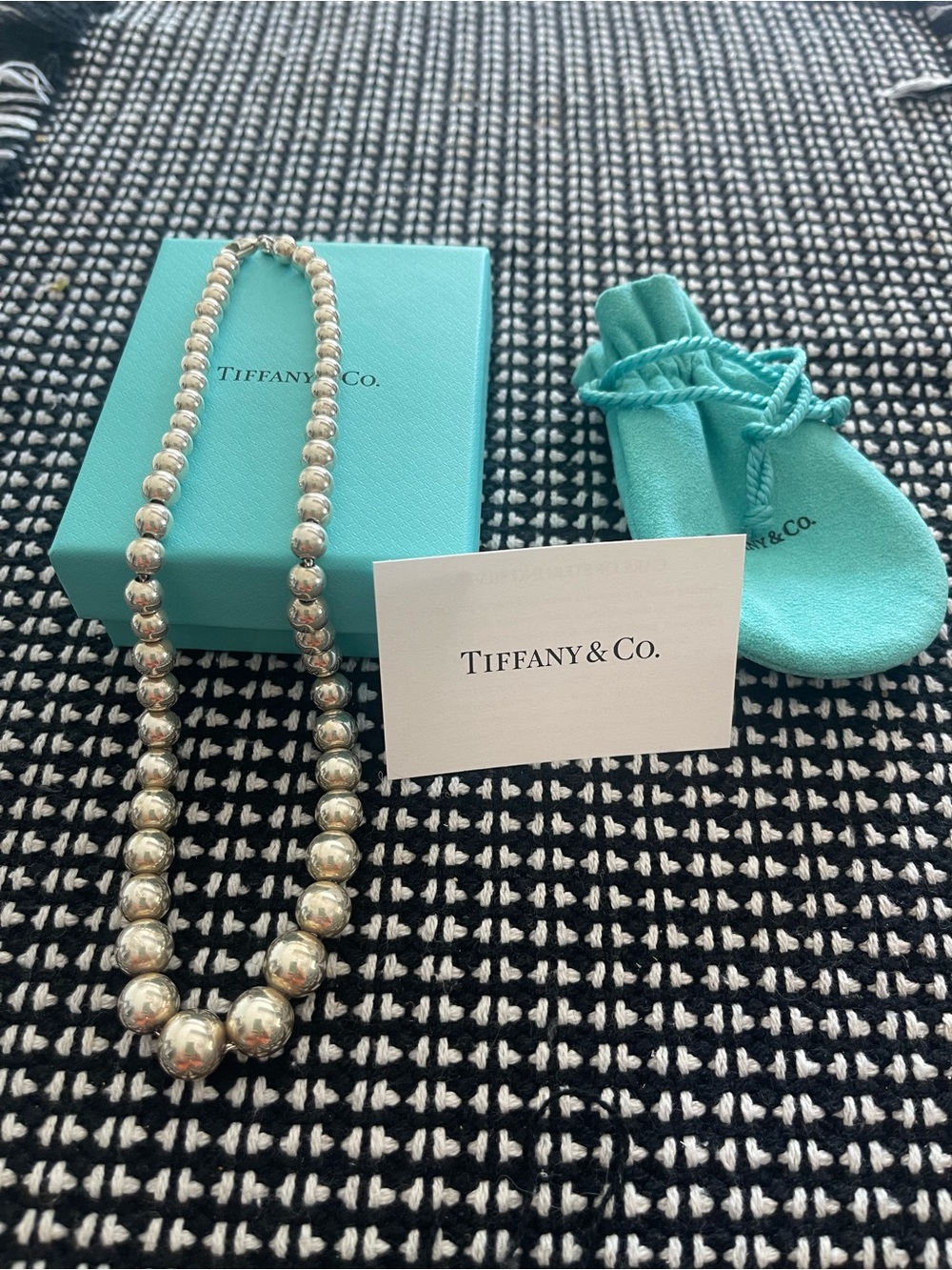 Tiffany & Co. Sterling Silver Bead Necklace with Signature Blue Pouch and box